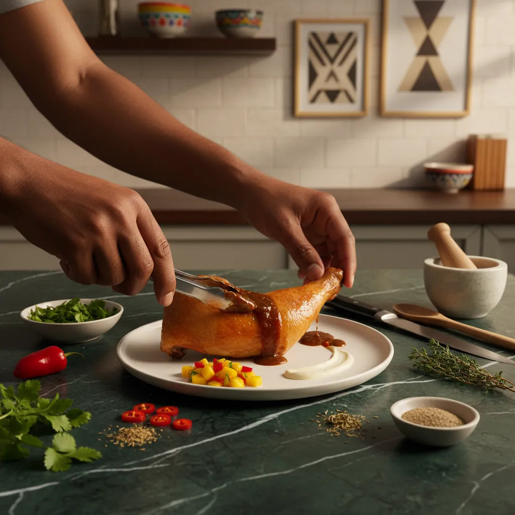 Préparation culinaire avec cuisse pintade fumée nappée de sauce, accompagnée de mangue et herbes fraîches. Recette gourmande et raffinée.